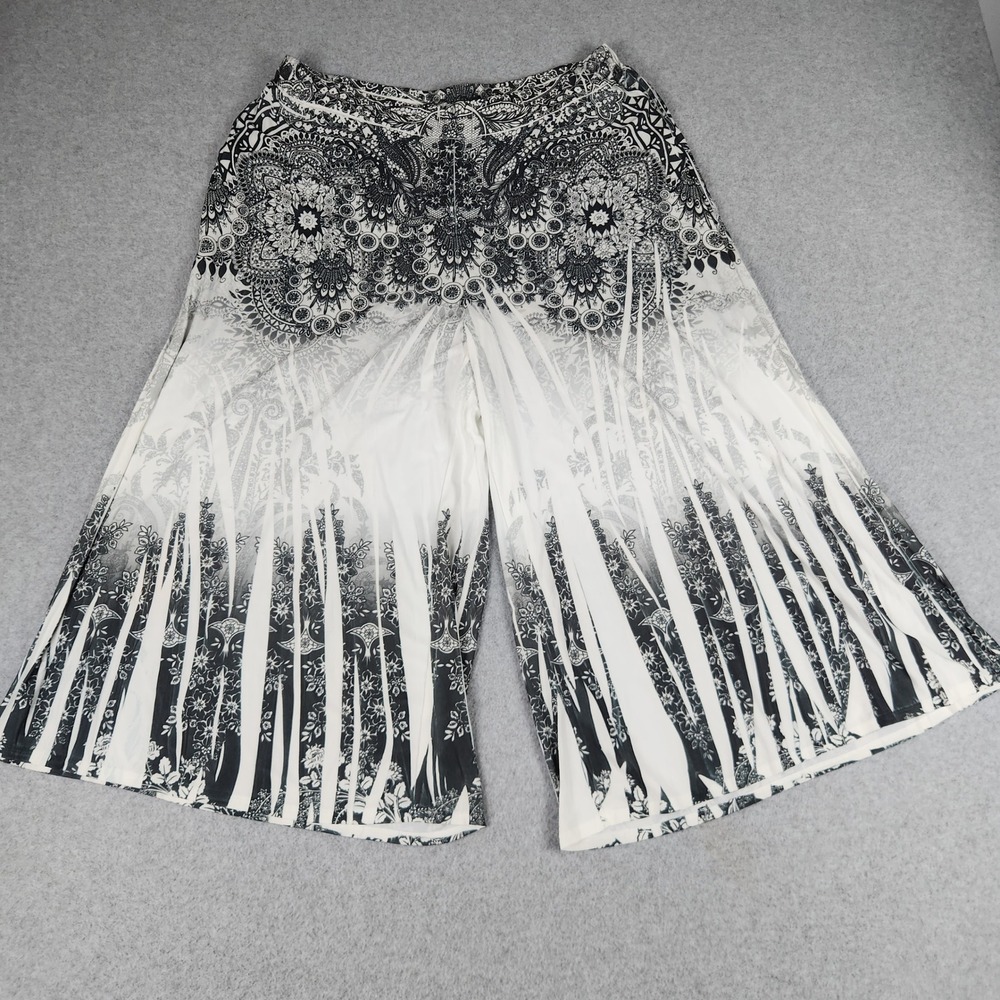 Cato Wide Leg Pants Womens Large Black White Paisley Floral Medallion Boho Flowy